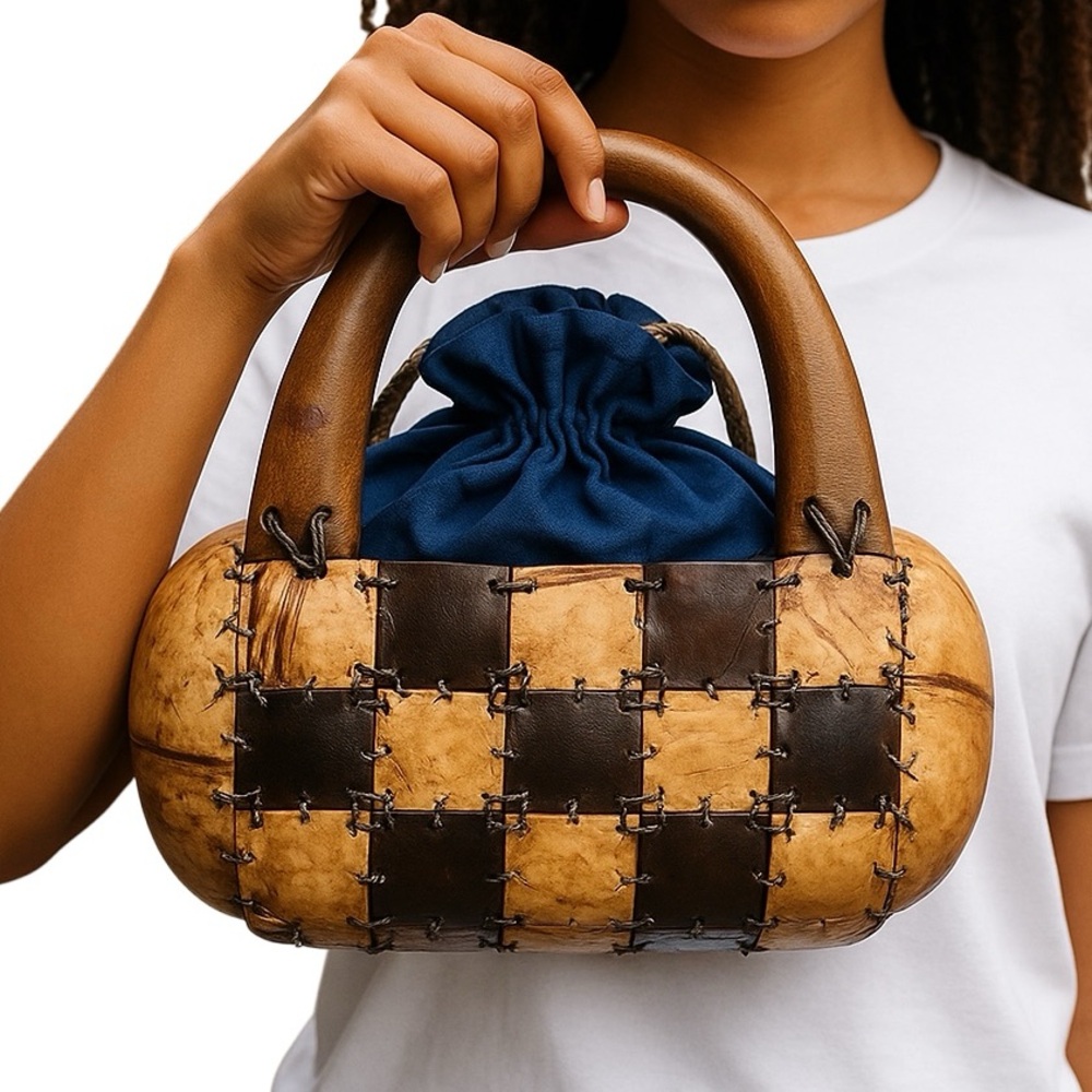 Womens Purse Coconut Handbag Wood Handles Blue Fabric Rockabilly Tiki MCM